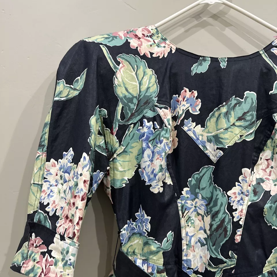 Vestido De Colección Años 80 KAREN ALEXANDER Floral Peplum Movible 10 Pequeño Foto 2 de 4