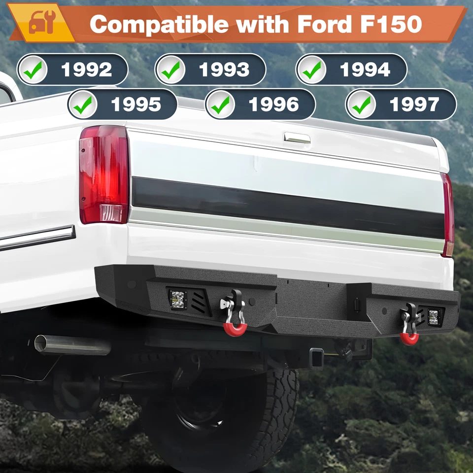 For 1993-1997 Ford F150 F250 F350 Steel Rear Bumper Rear Bumper With LED Lights Foto 2 de 4