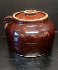 Vintage / Antique Bauer Los Angeles Glazed Bean Pot Crock Jug W/ Lid & Handle