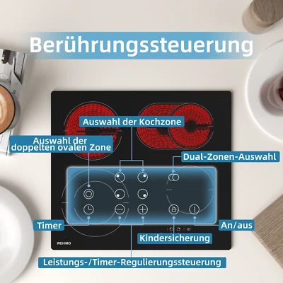 WEHIMO 60cm Kochfeld Glaskeramik Autark 4 Zonen Zweikreiszone Bräterzone Einbaukochfeld