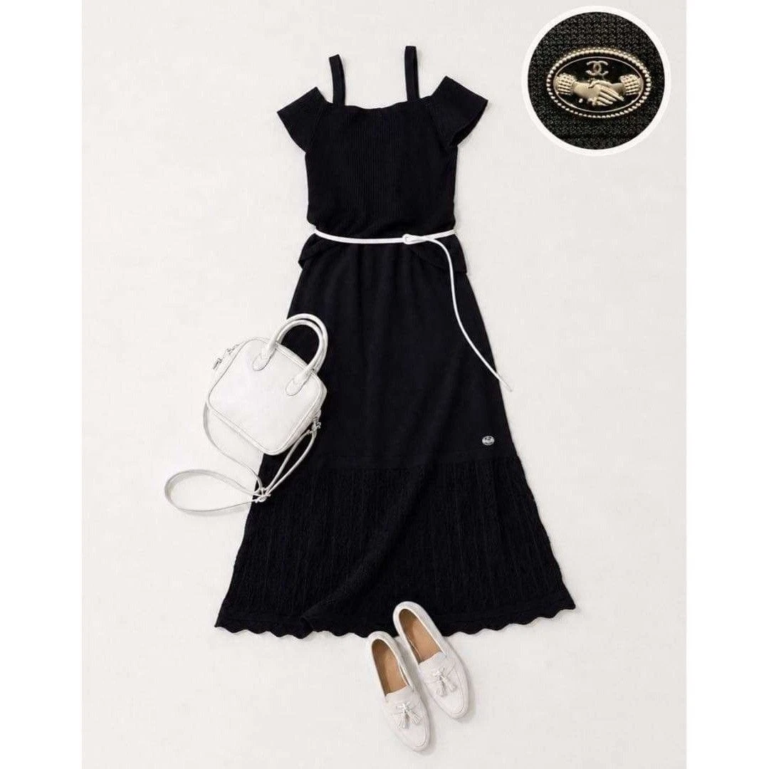 Chanel — CHANEL Black Knit Dress 34 XS Logo Plate Openwork Short Sleeve Italy SR1916