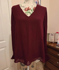 Entro Burgundy Solid Sheer Chiffon Pleated V-...