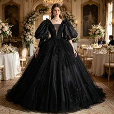 Gothic Black Wedding Dresses V Neck Puffy Long Sleeves Lace Applique Bridal Gown