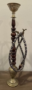 19.5” Ornate Brass And Wood Hookah Single Pipe