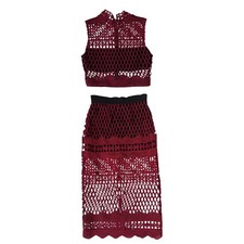 Self-Portrait Burgundy Mesh Cutout Crop Top Midi Skirt Set Size 8
