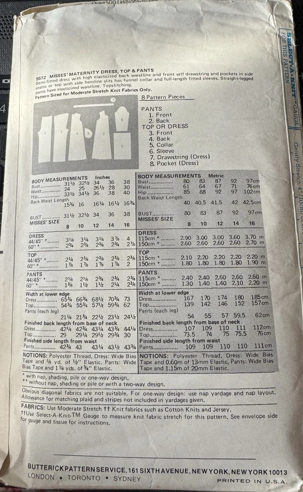 Vestido de maternidad Butterick patrón rápido y fácil 5572 Misses', top, pantalones talla 16 sin circular Foto 2 de 2