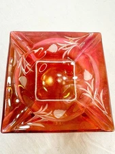Vtg Cranberry Red Cut Glass ASHTRAY Flashed Etched Flowers Leaf Cigar Cigarette