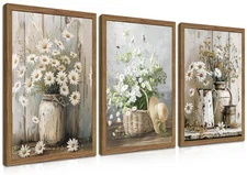 Wood Framed Rustic Farmhouse Wall Art, Vintage Daisy Floral Canvas Wall Decor...