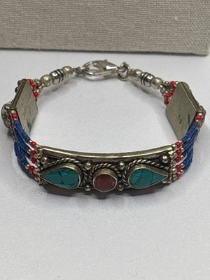 Handmade White Brass Himalayan Bracelet | Coral & Turquoise Inlayed Stones | Tib