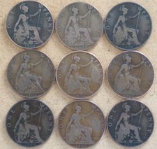 Date Run of Nine Edward VII Pennies. 1902-1910 inclusive.