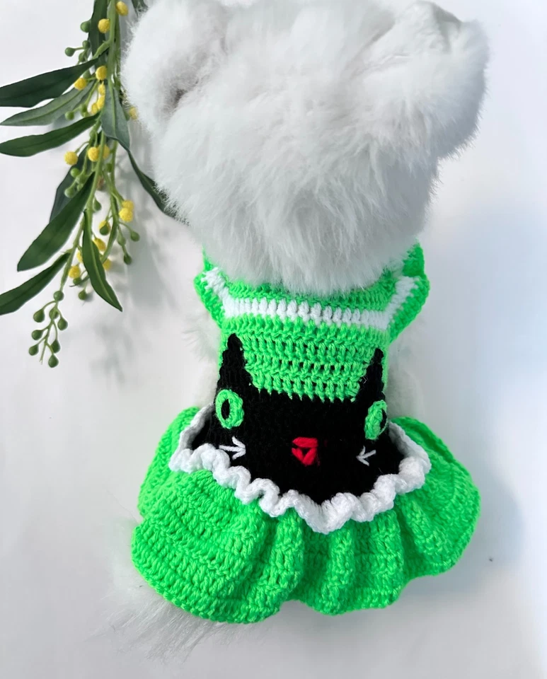Suéter Gato Negro Perro - Disfraz de Halloween Hecho a Mano Crochet, Pequeño, Verde Foto 3 de 4