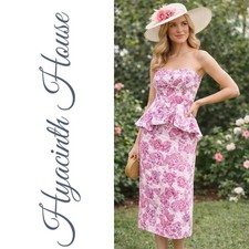 Hyacinth House Strapless Pink Floral Peplum Midi Dress Toile Print XS Romantic