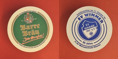 Barre Bräu 50 Jahre SV Wimmer Jubiläumsfeier '97 Brauerei Bierdeckel Bier