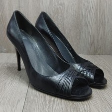 Stuart Weitzman Pumps Peep Toe Black Leather Tortoise Heels Retro Classic 10