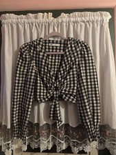ZARA Women Gingham Crop Top Blouse Sz XS Black White Tie Front Party Festival