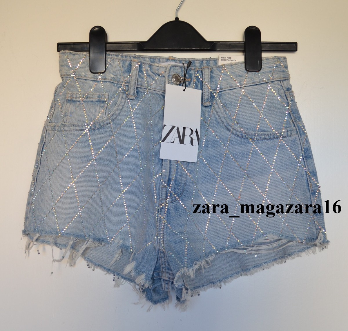 ZARA NEW WOMAN LIGHT BLUE TRF CURVED RHINESTONE SHORTS EUR