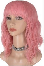 Short Pink Wavy Bob Wig with Bangs for Women 16 Inches Natural Synthetic Hair
