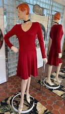 Vince Camuto Red knit Dress Women Size S/M Knee long Sleeve Ribbed