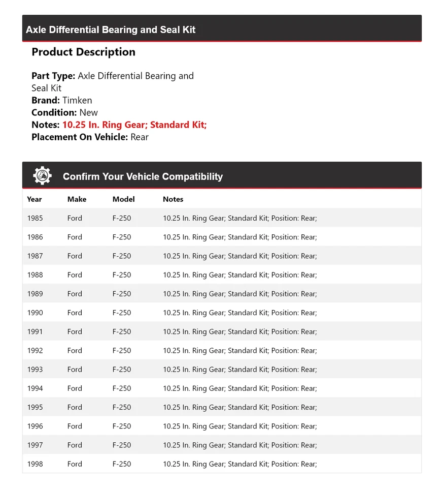 Kit de cojinete y sello diferencial de eje trasero Timken 1986 para Ford F-250 1985-1998 Foto 2 de 3