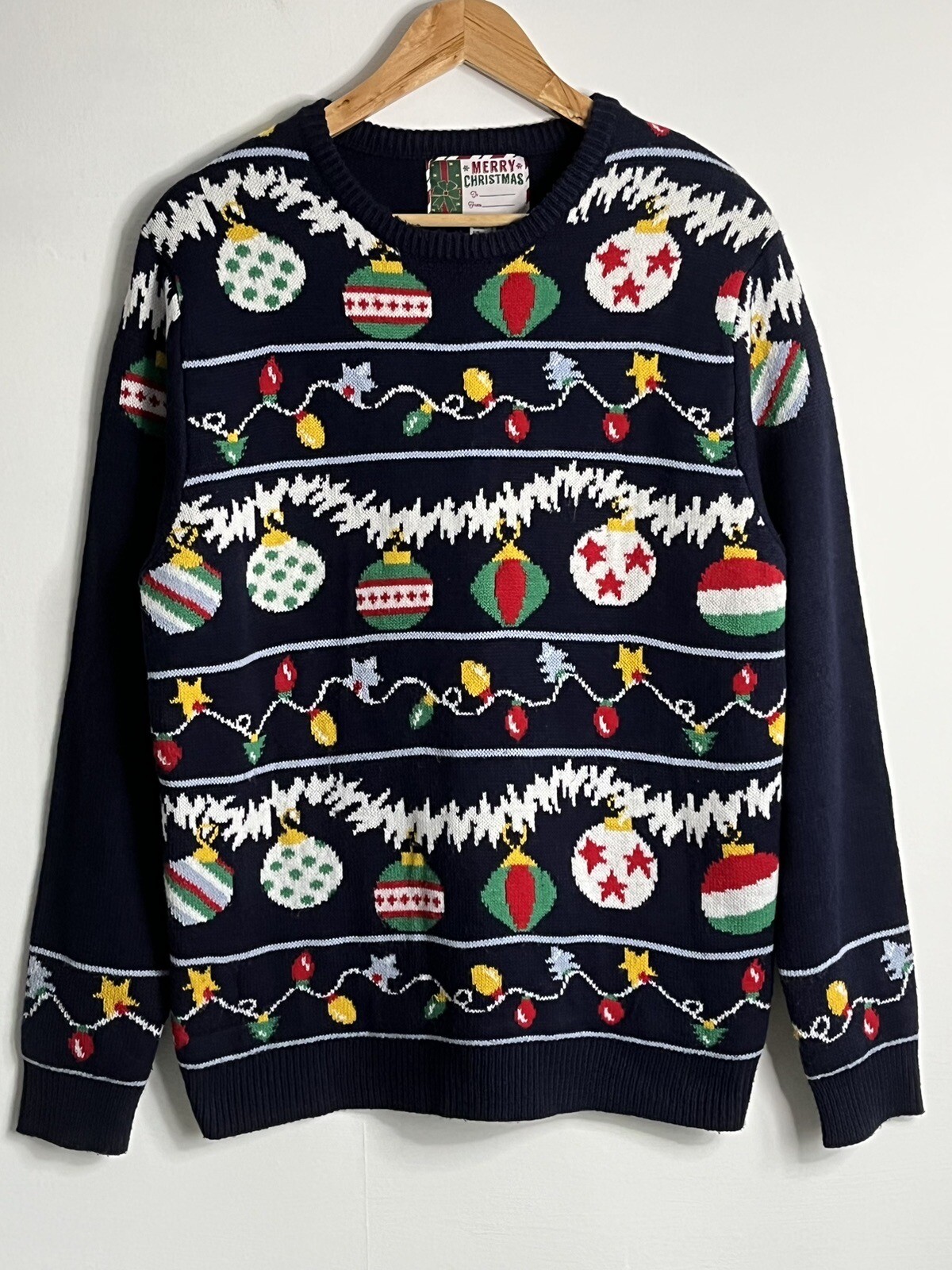 Mens Christmas Jumper Navy Blue Bauble Tinsel Design Size L eBay