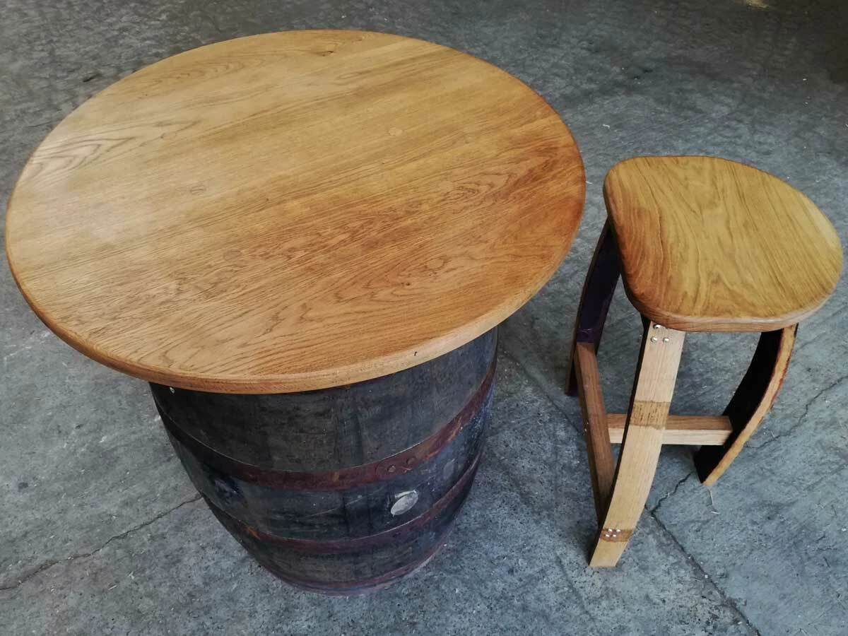 OAK WHISKEY WHISKY BARREL TABLE WITH HANDMADE BAR STOOLS