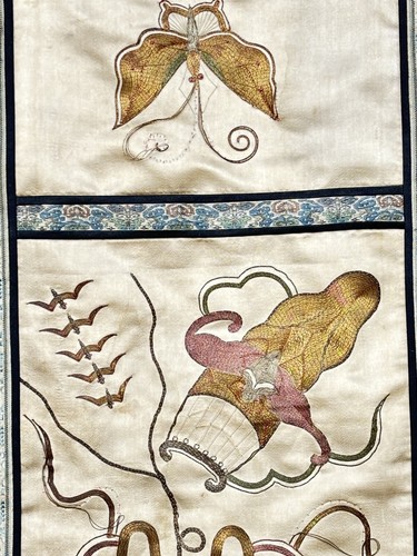 Qing Chinese Chair Cover? Scholar Antiques Embroidered Silk Panel Couched Gold - Picture 6 of 17