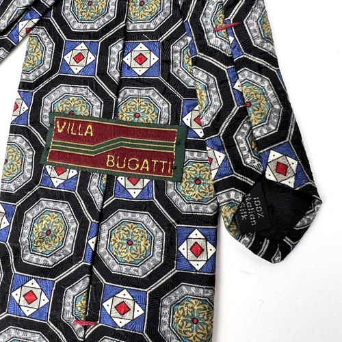 Villa Bugatti Blue with Black Gray White Red Mosaic Geometric Neck Tie 100% Silk - Picture 4 of 7