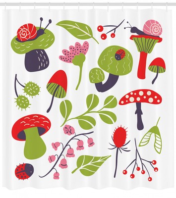 Nature Motifs Pattern Shower Curtain Fabric Decor Set with Hooks 4 Sizes