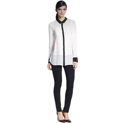 Trouve SX 100% Silk Tonal Panel Tuxedo Black White Button Up Blouse Tiny Flaw
