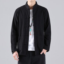 Men Chinese Tang Suit Top Cotton Linen Long Sleeve Shirt Tai Chi Kung Fu Uniform