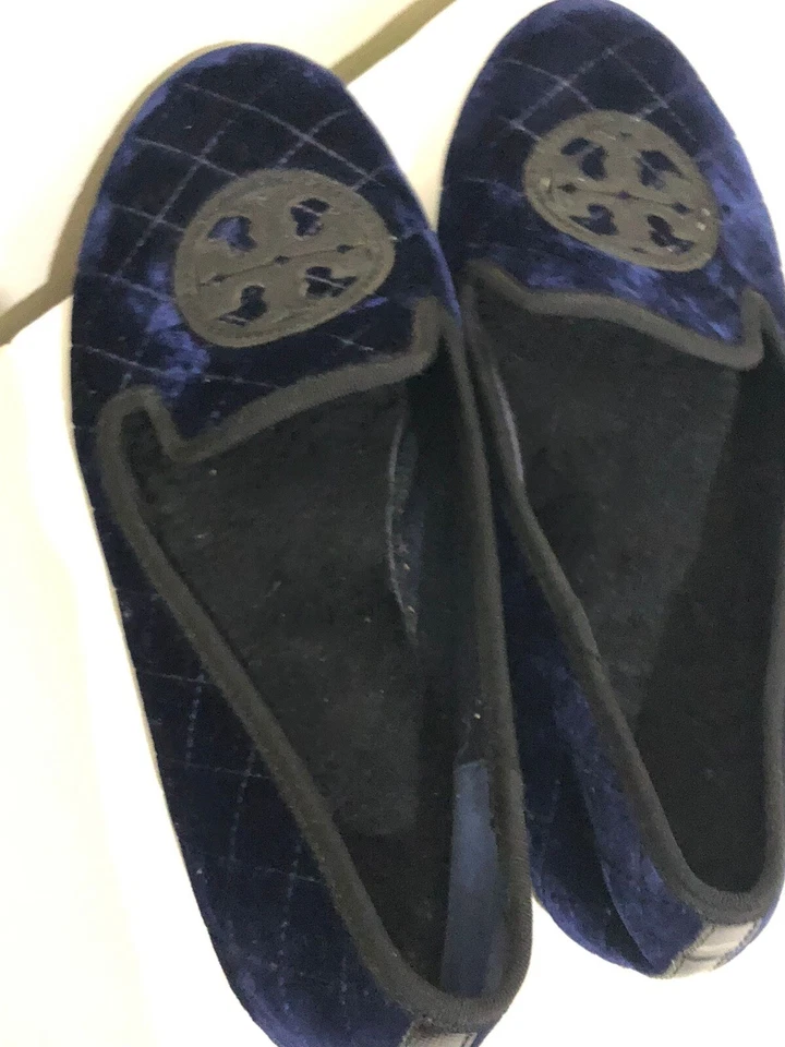 Zapatilla Billy Acolchada Tory Burch Inteligente Terciopelo Cuero Plana Talla 9M en Azul Marino/Negro Foto 3 de 4