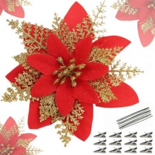 Poinsettia Flowers For Christmas Tree 12 Pcs Glitter Christmas Flowers Artificia