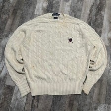 Vintage Y2K Cream Polo Ralph Lauren Cable Knit Pony Crewneck Sweater Size Small