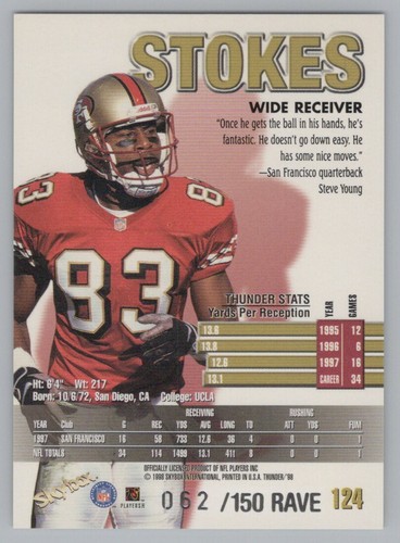 J. J. Stokes 1998 Skybox Thunder Rave 62/150 San Francisco 49ers #124 - Picture 2 of 2
