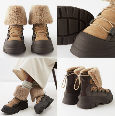 Brunello Cucinelli Ankle Boots Shearling Monili Stiefel Schuhe Chunky Shoes 39