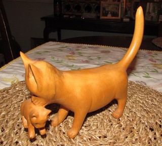 Vintage Hand Carved Wood Cat Carrying Kitten Figurine Long Tail Signed HB