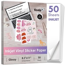 Koala Inkjet Printable Vinyl Sticker Paper for Inkjet Printer - 50 Sheets Whi...