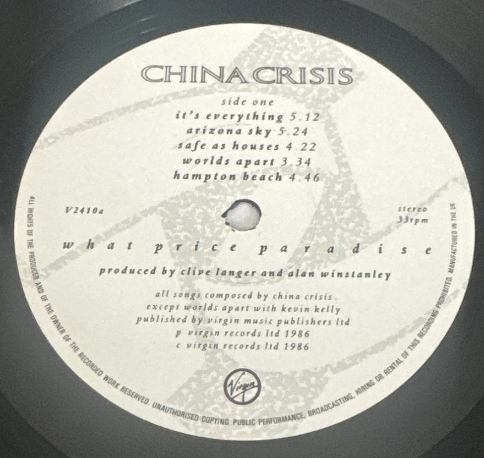 China Crisis- What Price Paradise 12” Vinyl Album V2410 1986 EX / VG+ - Image 4 of 4