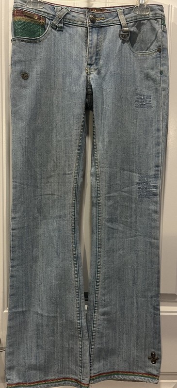Rare Luxirie by LRG Y2k Red Gold Green Embroidered 420  Bootcut Distressed 26