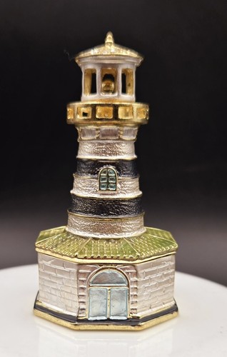 Leuchtturm Strass und Emaille Gold grüner Rand aufklappbar Schmuck Schmuckschatulle - Bild 1 von 12