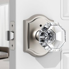 1 Pack Glass Door Knob, Octagon Shaped Crystal Door Knobs with Lock, Satin Ni...