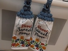 HOME Sweet Home Hanging Kitchen Dish Towels with Crochet Tops Towel Set Blue