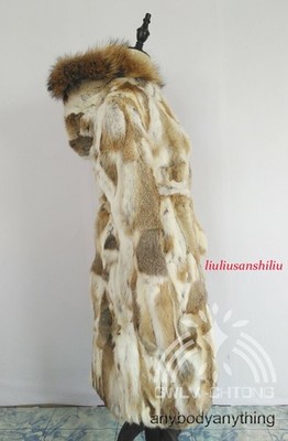 Natural Real Rabbit Fur Coat with Hood Raccoon Fur Women Long