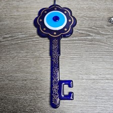 Handmade Glass Evil Eye Nazar Key Wall Hanging Blue Gold Floral 10" Decor Turkey