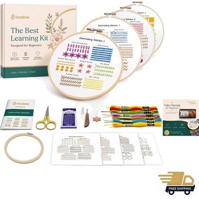 Embroidery Kit Beginners All-in-One 8in Hoop Threads Needles Fabrics