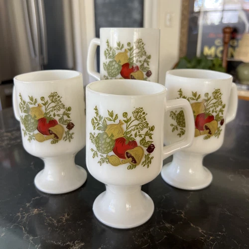 Vintage Corning Ware Spice Of Life Milk Glass Footed Pedestal Mugs Set Of (4)