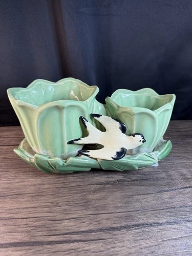 Vintage 1949 McCoy USA Ceramic Pottery Double Green Tulip Planter w/ White Bird