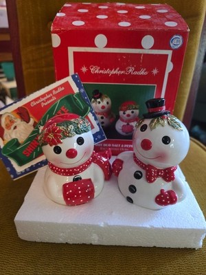 Christopher Radko Snowman Holly Dot Duo Salt & Pepper Shakers Set NIB