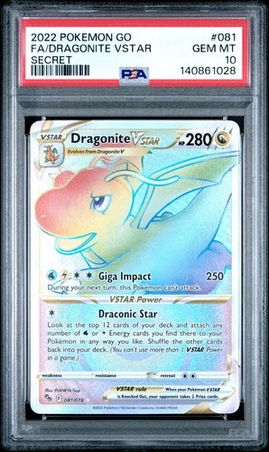 PSA 10 Dragonite VSTAR 081/078 Secret Rainbow Rare Full Art Pokemon Go Card 2022