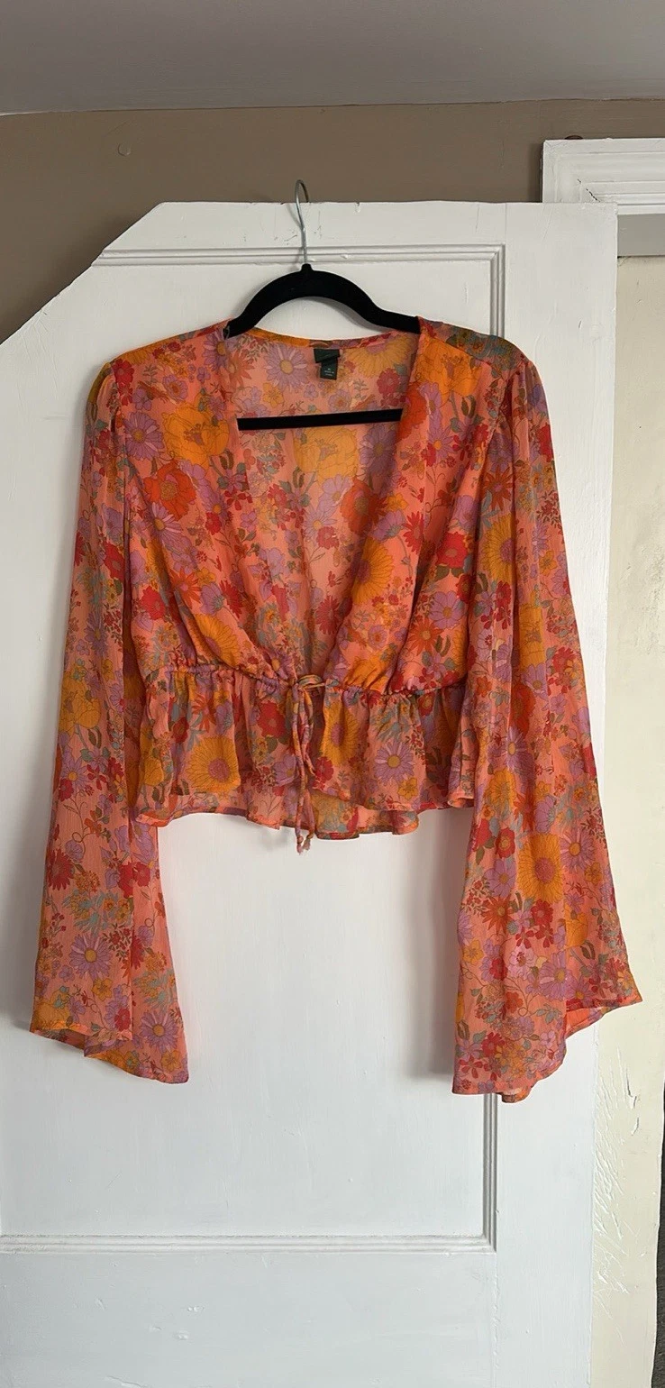 Wild Fable Women's Orange Pink Yellow Red Floral Sheer Deep V Cropped Blouse XL